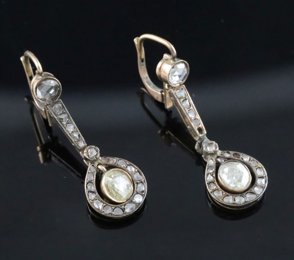 A pair of antique gold and diamond cluster set drop earrings,